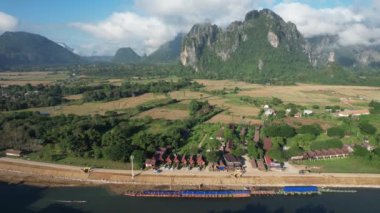 View from drone on Vangvieng city of Laos. The city is a famous tourist destination, with many natural activities.