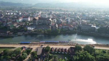 View from drone on Vangvieng city of Laos. The city is a famous tourist destination, with many natural activities.
