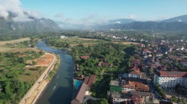 View from drone on Vangvieng city of Laos. The city is a famous tourist destination, with many natural activities.