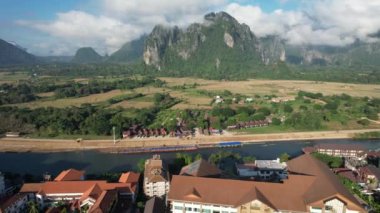 View from drone on Vangvieng city of Laos. The city is a famous tourist destination, with many natural activities.
