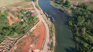 View from drone on Vangvieng city of Laos. The city is a famous tourist destination, with many natural activities.