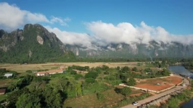 View from drone on Vangvieng city of Laos. The city is a famous tourist destination, with many natural activities.