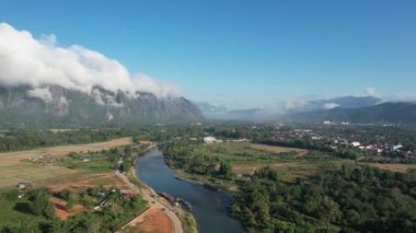 View from drone on Vangvieng city of Laos. The city is a famous tourist destination, with many natural activities.
