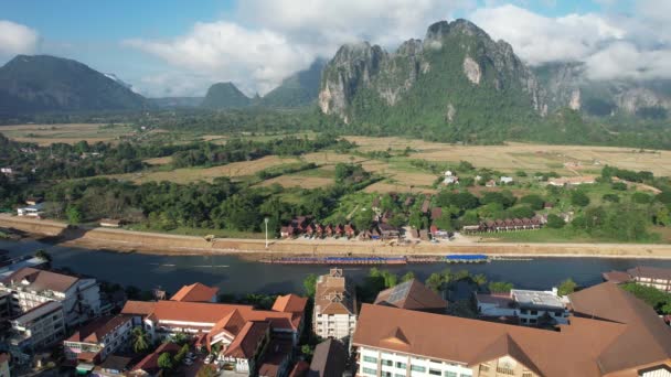 View Drone Vangvieng City Laos City Famous Tourist Destination Many — Stock video
