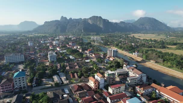 View Drone Vangvieng City Laos City Famous Tourist Destination Many — Vídeos de Stock