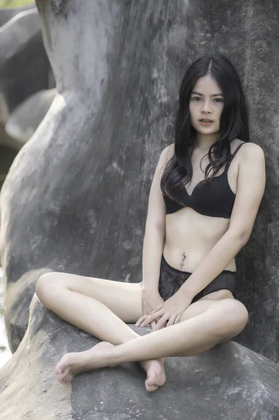 Portrait Asian Sexy Woman Wear Bikini Outdoor Summer Concept Lifestyle — Stock Photo, Image