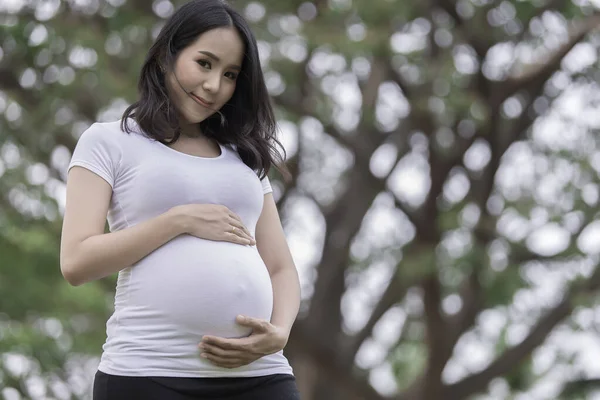 アジアの肖像公園で美しい妊婦 タイの人々 幸せな女性の概念 彼女の使用手は彼女の腹に触れ 母の日の概念 — ストック写真