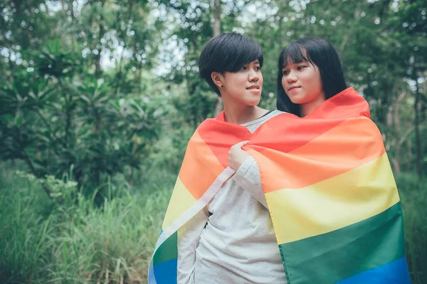 Pár Lány Lánnyal Lmbt Pride Hónap Koncepció Ázsiai Jóképű Férfi — Stock Fotó