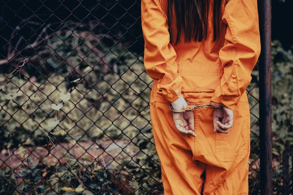 Prisoner Orange Robe Concept Portrait Asian Woman Prison Uniforms White — Stock Photo, Image