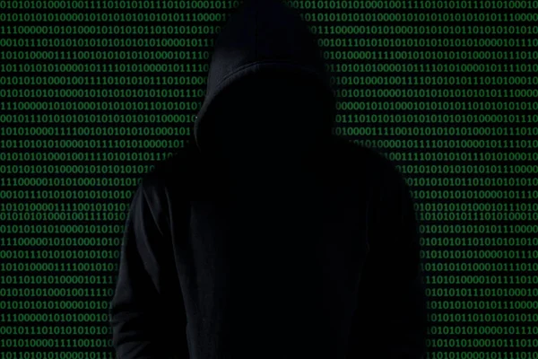 Asian Hacker Black Hood Black Background Hack Password Hacking Safety — Stock Photo, Image