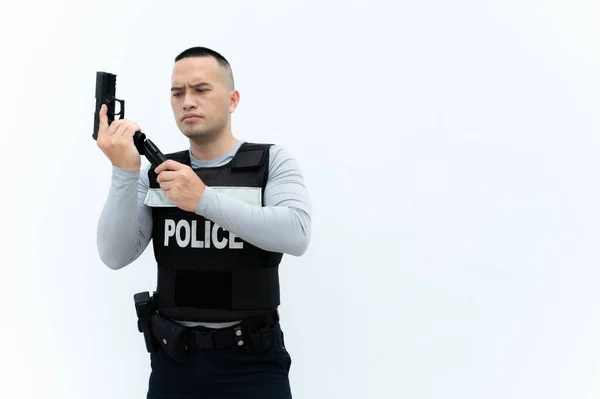 Portrait Police Hold Gun Hand White Background Handsome Asian Cop — Foto de Stock