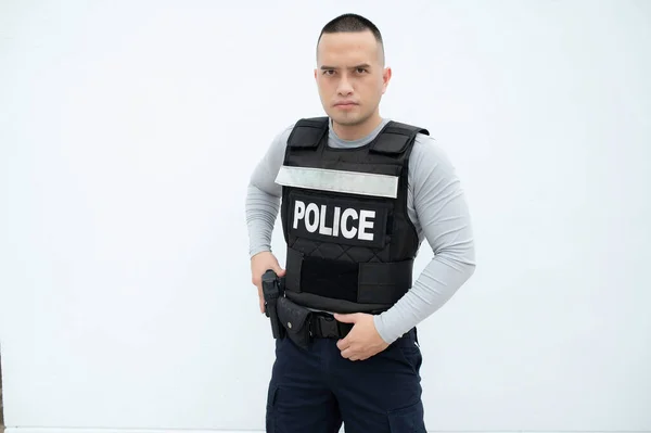 Portrait Police Hold Gun Hand White Background Handsome Asian Cop — Foto de Stock