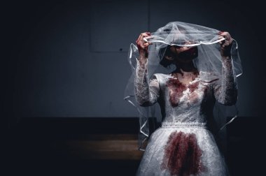 Cadılar Bayramı festivali konsepti, Asyalı kadın makyajı hayalet yüzü, gelin zombi avcısı, korku filmi duvar kağıdı ya da poster