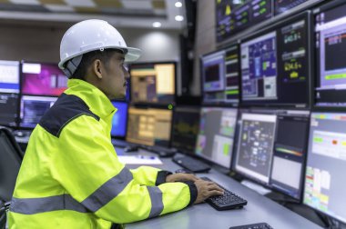 Kontrol odasında çalışan mühendis, yönetici kontrol sistemi, birçok monitörden teknisyen izleme programı.