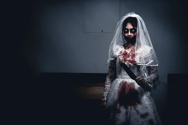 Halloween Festival Concept Aziatische Vrouw Make Spook Gezicht Bruid Zombie — Stockfoto