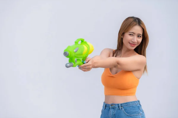 Asian Sexy Woman Water Hand White Background Festival Songkran Day — стокове фото