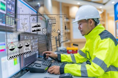 Kontrol odasında çalışan mühendis, yönetici kontrol sistemi, birçok monitörden teknisyen izleme programı.