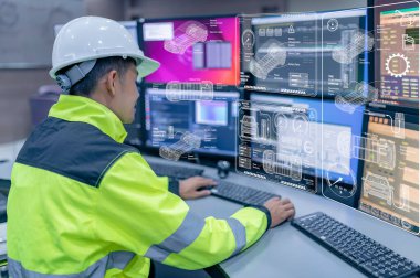 Kontrol odasında çalışan mühendis, yönetici kontrol sistemi, birçok monitörden teknisyen izleme programı, EV araba ve robot kol konsepti.