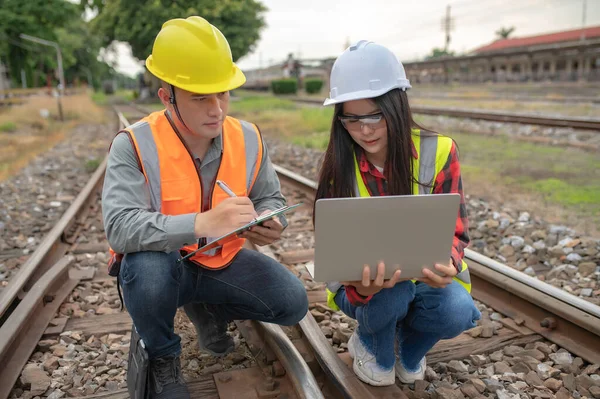 Two Engineer Working Train Station Work Together Happily Help Each — Stockfoto