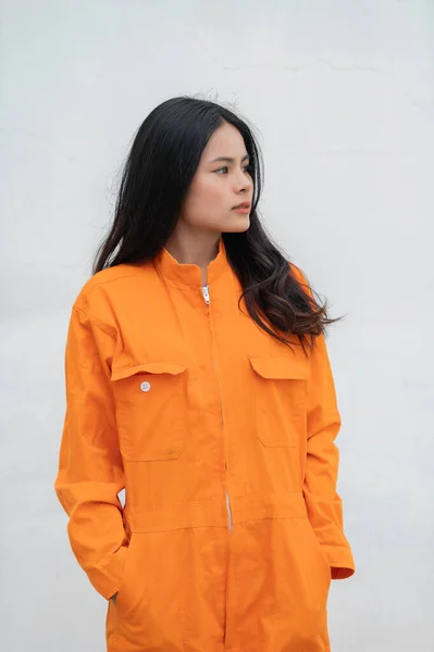 Prisonnier Robe Orange Concept Portrait Femme Asiatique Uniformes Prison Sur — Photo