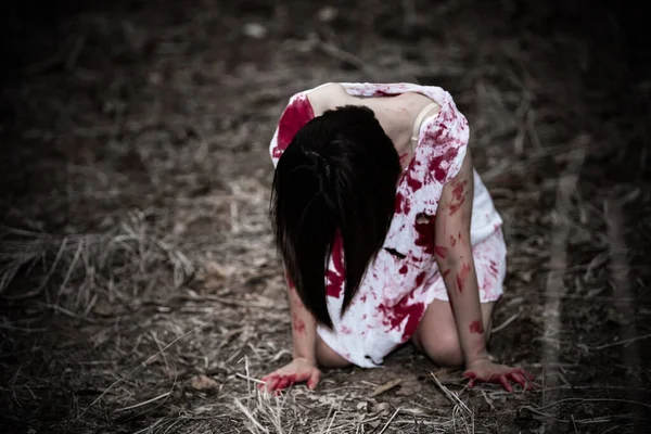 Portret Azjatki Makijaż Twarzy Ducha Scena Horroru Przerażające Tło Plakat — Zdjęcie stockowe