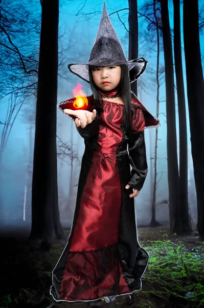 Portret Van Aziatisch Meisje Dragen Heks Kostuum Halloween Festival Concept — Stockfoto
