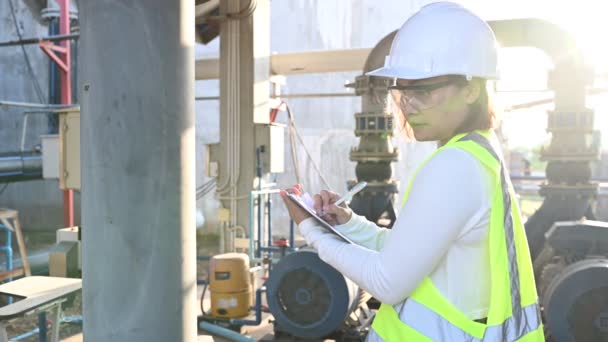 Asiático Ingeniero Mujer Señal Chaleco Casco Construcción — Vídeos de Stock