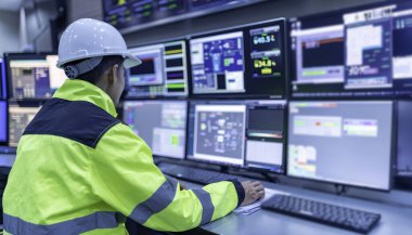 Kontrol odasında çalışan mühendis, yönetici kontrol sistemi, birçok monitörden teknisyen izleme programı.