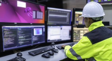 Kontrol odasında çalışan mühendis, yönetici kontrol sistemi, birçok monitörden teknisyen izleme programı.