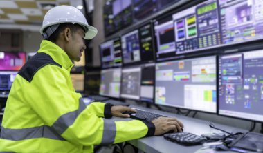 Kontrol odasında çalışan mühendis, yönetici kontrol sistemi, birçok monitörden teknisyen izleme programı.