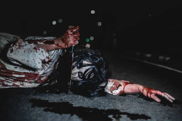 Horror Woman Concept Ghost Road City Een Wraakzuchtige Geest Straat — Stockfoto