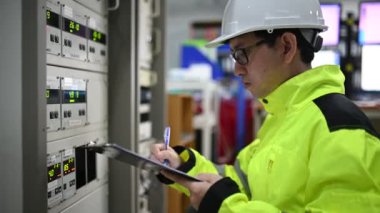 Kontrol odasında çalışan bir mühendis. Yönetici kontrol sistemi. Birçok monitörden teknisyen izleme programı