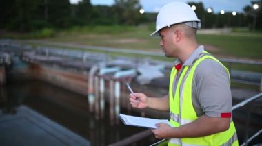 Çevre mühendisi atık su arıtma tesislerinde çalışıyor. Su geri dönüşüm tesisinde tekrar kullanılmak üzere çalışan su tedarik mühendisliği
