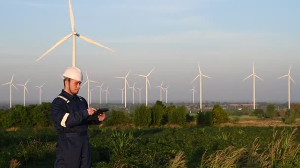 Inżynier Pracujący Utrzymujący Raport Elektrowni Turbin Wiatrowych Górze Obywatele Tajlandii — Wideo stockowe