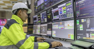Kontrol odasında çalışan bir mühendis. Yönetici kontrol sistemi. Birçok monitörden teknisyen izleme programı
