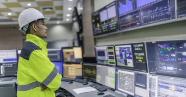 Kontrol odasında çalışan bir mühendis. Yönetici kontrol sistemi. Birçok monitörden teknisyen izleme programı