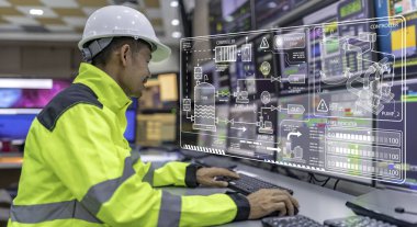 Kontrol odasında çalışan bir mühendis. Yönetici kontrol sistemi. Birçok monitörden teknisyen izleme programı