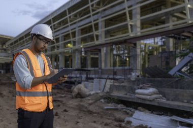 Büyük bir inşaat projesinin şantiyesinde çalışan Asyalı mühendis. Taylandlılar. İnşaat alanında fazla mesai