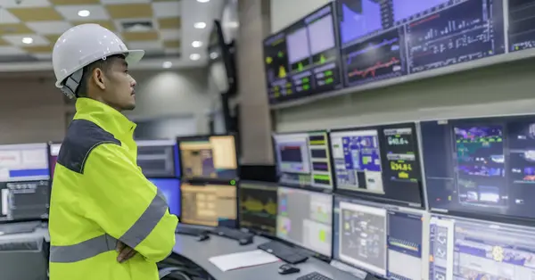 Kontrol odasında çalışan bir mühendis. Yönetici kontrol sistemi. Birçok monitörden teknisyen izleme programı