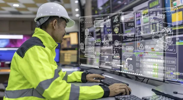 Kontrol odasında çalışan bir mühendis. Yönetici kontrol sistemi. Birçok monitörden teknisyen izleme programı
