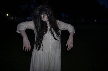 Asyalı kadın portresi kanla kaplanmış hayalet yüzü. Korku sahnesi. Ürkütücü bir geçmiş. Cadılar Bayramı posteri. Taylandlılar.