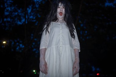 Asyalı kadın portresi kanla kaplanmış hayalet yüzü. Korku sahnesi. Ürkütücü bir geçmiş. Cadılar Bayramı posteri. Taylandlılar.