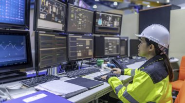 Büyük Endüstri Fabrikası Kadın Bilgisayar Mühendisi Kişisel Bilgisayar 'da çalışıyor. Kontrol makinesi için program kodluyor. Taylandlılar dört monitörle çalışıyorlar. Ciddi ile çalışan programcı