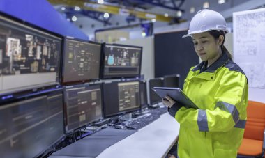 Büyük Endüstri Fabrikası Kadın Bilgisayar Mühendisi Kişisel Bilgisayar 'da çalışıyor. Kontrol makinesi için program kodluyor. Taylandlılar dört monitörle çalışıyorlar. Ciddi ile çalışan programcı