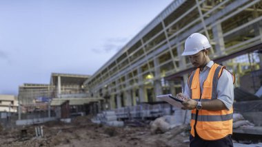 Büyük bir inşaat projesinin şantiyesinde çalışan Asyalı mühendis. Taylandlılar. İnşaat alanında fazla mesai