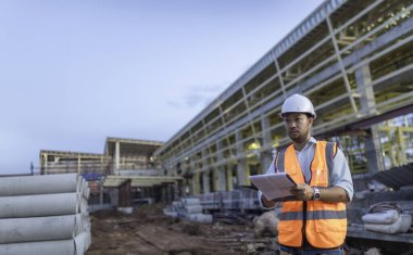 Büyük bir inşaat projesinin şantiyesinde çalışan Asyalı mühendis. Taylandlılar. İnşaat alanında fazla mesai