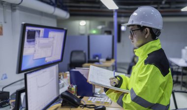 Büyük Endüstri Fabrikası Kadın Bilgisayar Mühendisi Kişisel Bilgisayar 'da çalışıyor. Kontrol makinesi için program kodluyor. Taylandlılar dört monitörle çalışıyorlar. Ciddi ile çalışan programcı