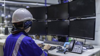 Büyük Endüstri Fabrikası Kadın Bilgisayar Mühendisi Kişisel Bilgisayar 'da çalışıyor. Kontrol makinesi için program kodluyor. Taylandlılar dört monitörle çalışıyorlar. Ciddi ile çalışan programcı