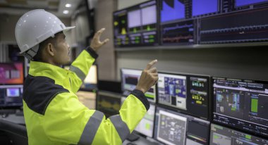 Kontrol odasında çalışan bir mühendis. Yönetici kontrol sistemi. Birçok monitörden teknisyen izleme programı