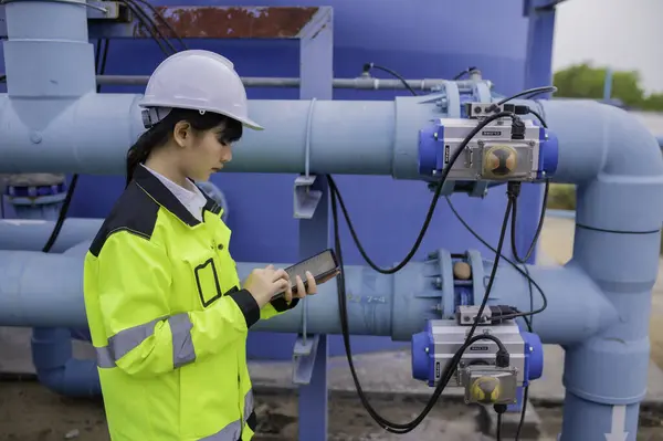 Çevre mühendisi atık su arıtma tesisinde çalışıyor. Su ikmal mühendisliği, su geri dönüşüm tesisinde tekrar kullanılmak üzere çalışıyor. Kriterler dahilinde olması için sudaki klor miktarını kontrol et..